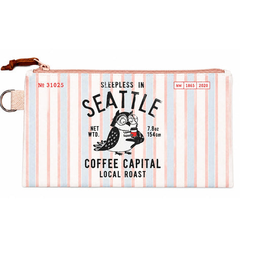 Zippered pouch with an owl holding a cup of coffee celebrating the "Sleepless in Seattle" state of mind | Small Pouch by Chalo