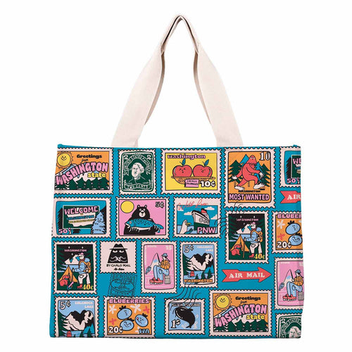 Chalo Seattle WA Stamp large travel tote bag featuring a pattern of vintage Washington state postage stamps and Air Mail arrows.