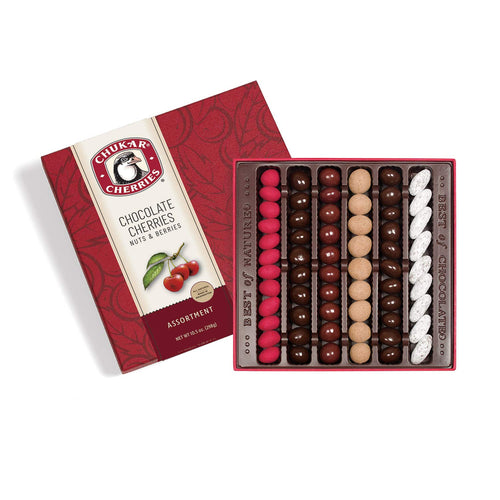 Chukar Cherries chocolate assortment in a red box on a white background | Chukar Cherries Original Assortment | Made In Washington Chocolate Gifts | Box of Chocolates | Shop Local Gifts