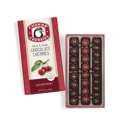 Box of Chukar Cherries milk and dark chocolate cherries on a white background | Cherry Gifts From Washington | Made In Washington Gifts | Chukar Cherries 