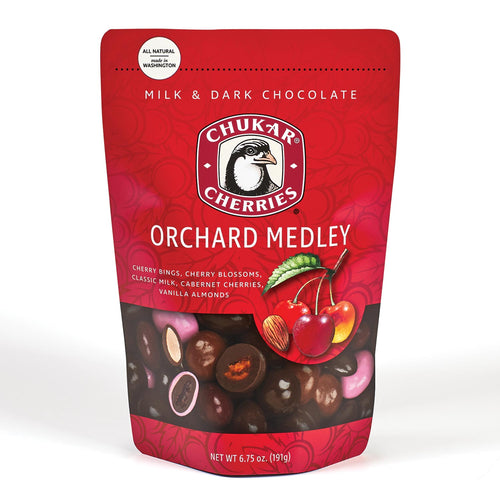 Chukar Cherries Orchard Medley chocolate package on a white background | Chukar Cherry Orchard Medley | Made In Washington Local Gift Ideas | Prosser, Washington