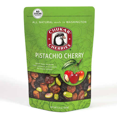 Green package of Chukar Cherries Pistachio Cherry mix on a white background | Chukar Cherries Pistachio & Cherry | Made In Washington Gift Shops