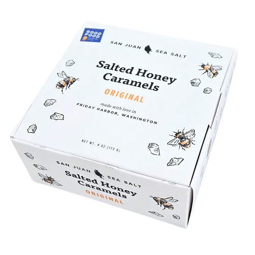Box of Salted Honey Caramels with bee illustrations on a white  background | San Juan Island Sea Salt | Salted Honey Caramels | Made In Washington | Local Candy