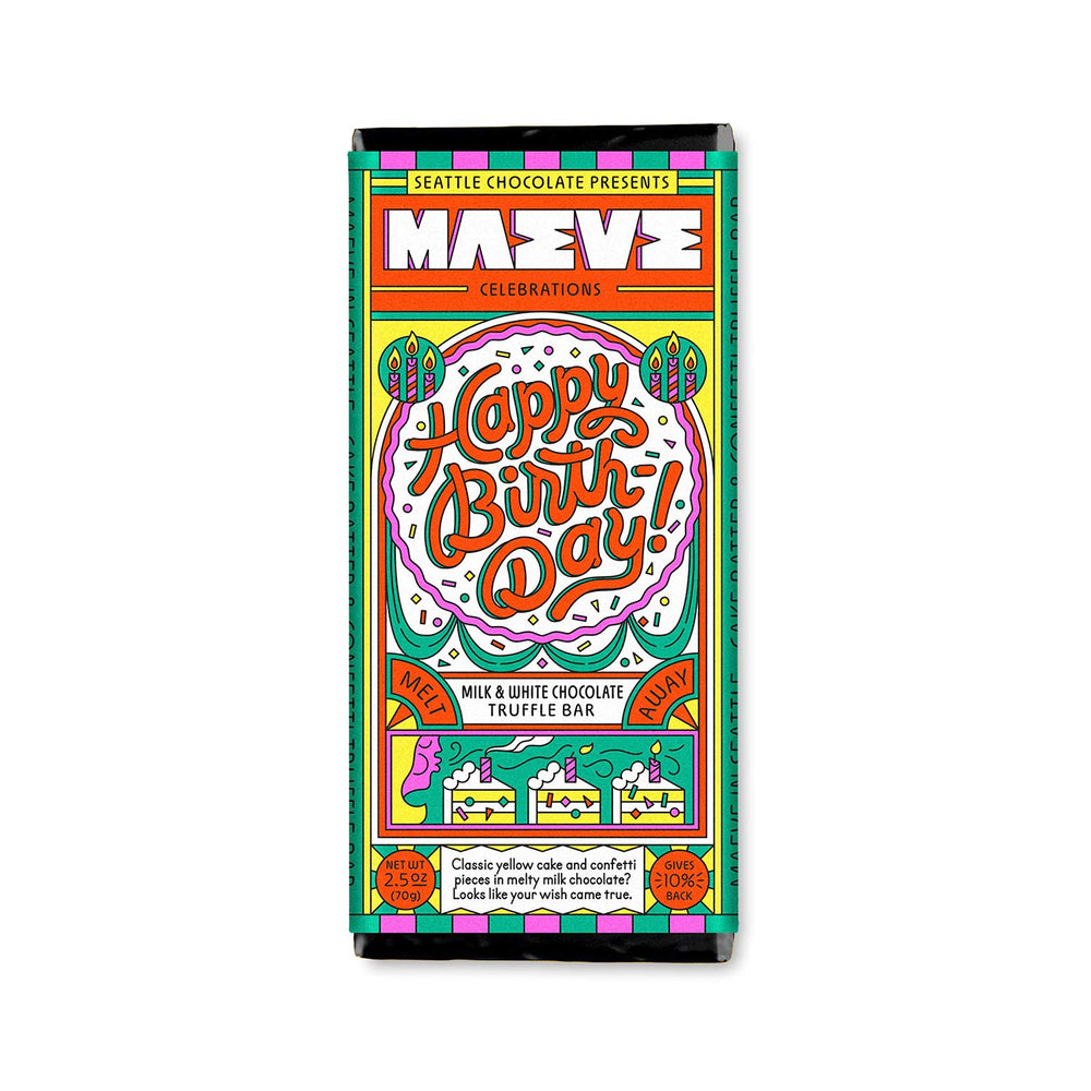 Maeve Gourmet Chocolate | Happy Birthday Chocolate Bar | Cake Batter Candy Bar | Made In Washington Gifts | Gifts From The Pacific Northwest