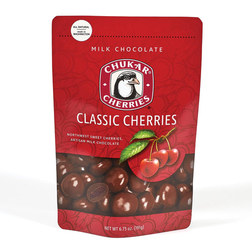 Red package of Chukar Cherries milk chocolate cherries on a white background | Chocolate Covered Fruit | Local Chukar Cherries Classic Milk Cherries | Made In Washington | Local Gifts