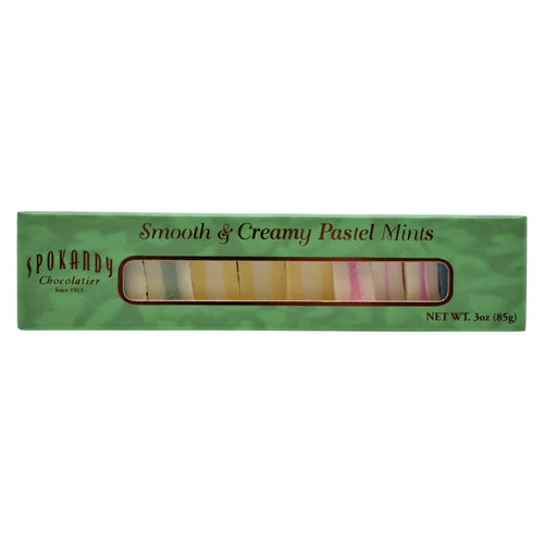 Spokandy Chocolates Smooth & Creamy Pastel Mints in a green cardboard box with a clear window showing the colorful pastel mints inside.