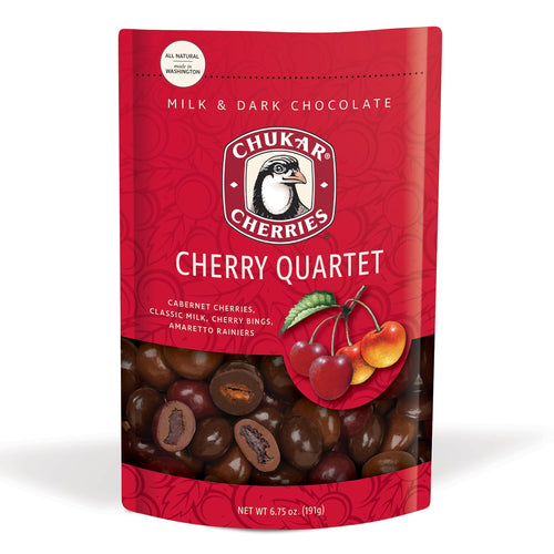 Red package of Chukar Cherries Cherry Quartet on a white background | Locally Made By Chukar Cherries | Made In Washington | Chocolate Covered Cherries Quartet