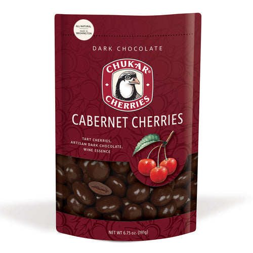 Bag of Chukar Cherries Dark Chocolate Cabernet Cherries on a white background | Chukar Dark Chocolate Cabernet Cherries | Made In Washington Gifts | Locally made candies