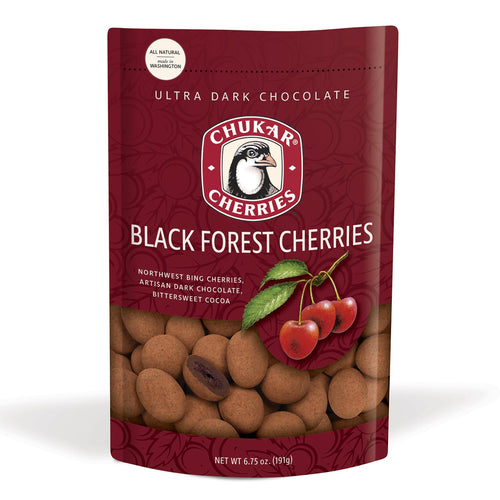 Chukar Cherries Black Forest Cherries packaging on a white background | Ultra Dark Chocolate Black Forest Chukar Cherries | Made In Washington | Local Gifts