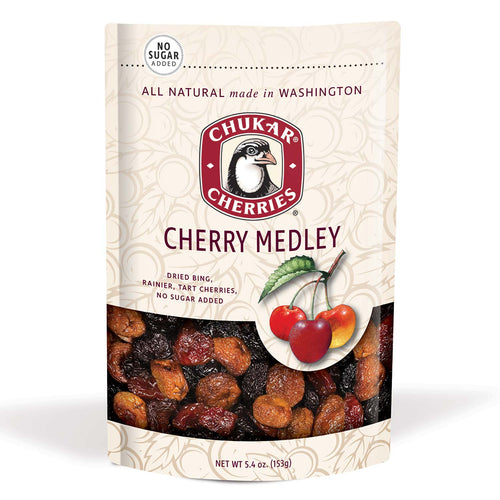 Chukar Cherries Cherry Medley package on a white background | Chukar Cherries Dried Cherry Medley Mix | Made In Washington Gift Shops | Buy Local Food Gifts