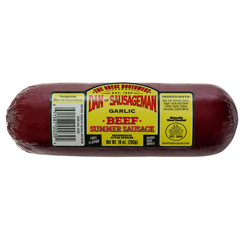 Roll of Dan the Sausageman Garlic Beef Summer Sausage with label on a white background | Dan The Sausageman Garlic Summer Sausage  | Local Food Gifts