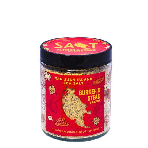 Jar of San Juan Island Sea Salt Burger & Steak Blend on a white background