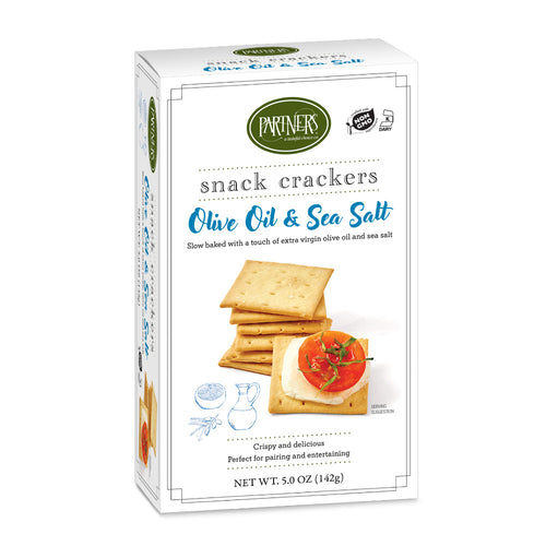 A box of Partner's Snack Crackers in Olive Oil & Sea Salt flavor, featuring a white packaging design with green and blue text and an illustration of crackers with cheese and tomato.