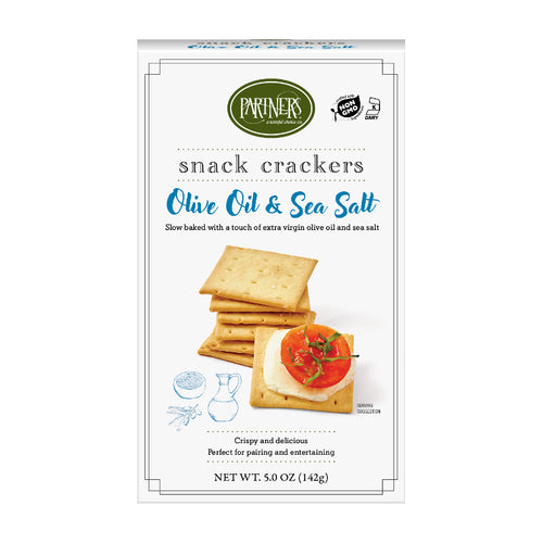 A package of Parners Snack Crackers, Olive Oil & Sea Salt, featuring a white box with a green and blue logo, an illustration of crackers with cheese and tomato, and product details at the bottom.