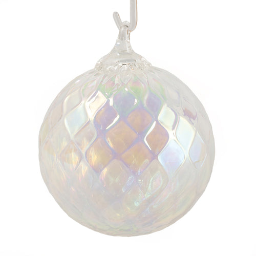 Iridescent glass ornament with textured surface on a white background | Hand Blown Glass Pearl Birthstone Ornament | Made In Washington | June Birthdays | Birthday Gifts