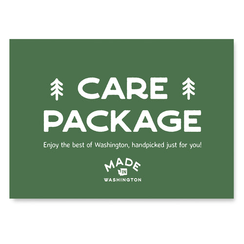 Green card with 'Care Package' text and 'Made in Washington' logo on a white background | Create Your Own Custom Gift Boxes at Made In Washington Gift Stores
