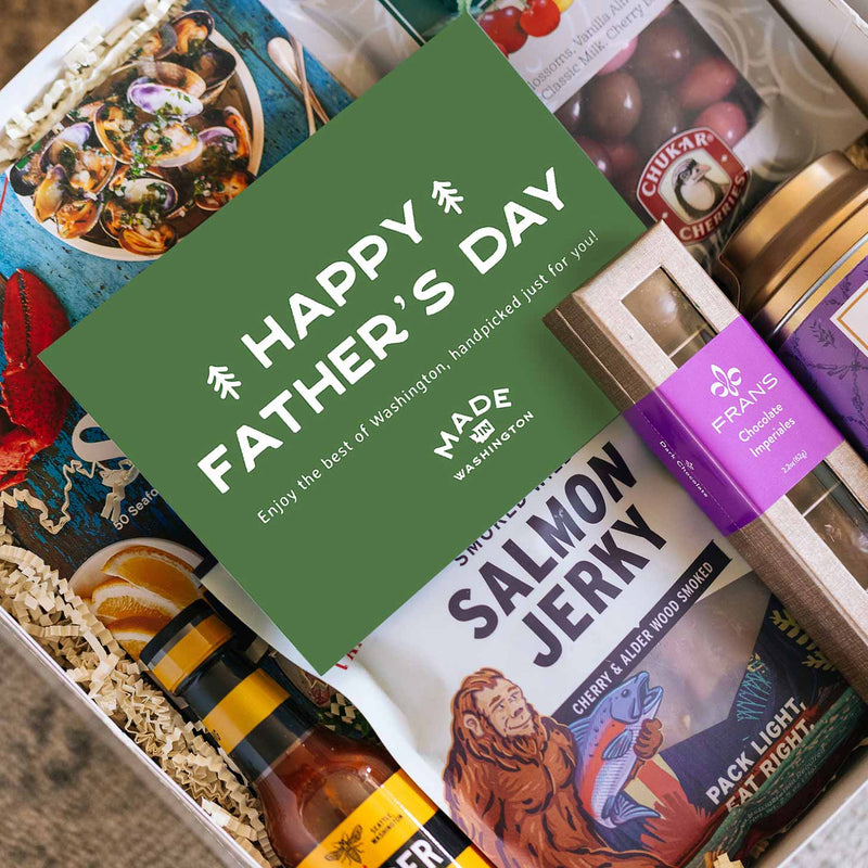 Make Your Own Gift box with Father's Day card and various snacks, including salmon jerky.