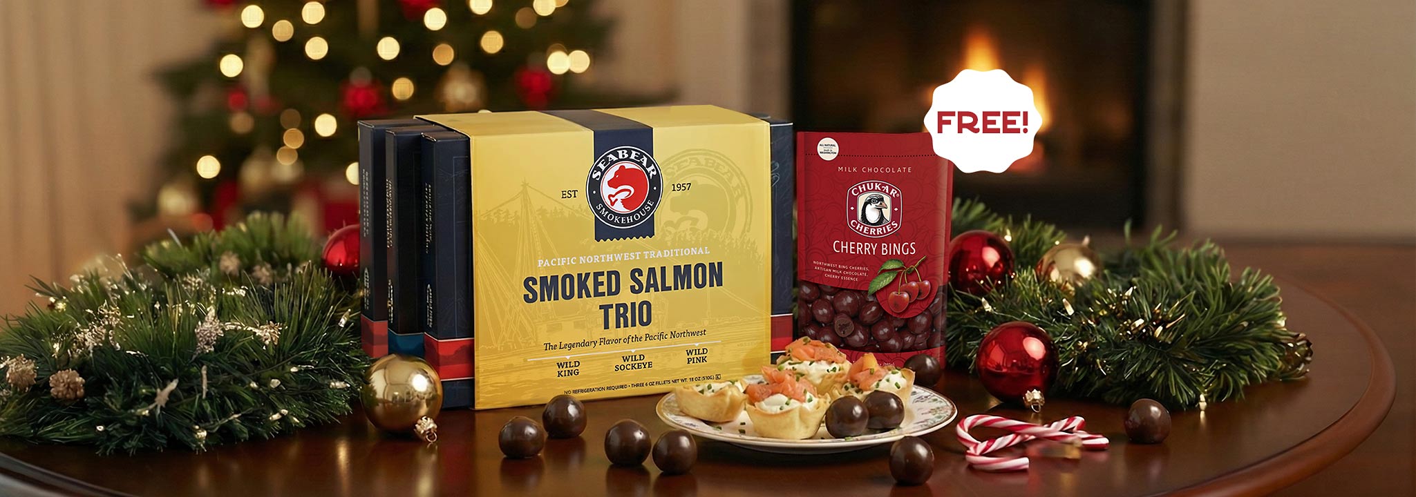 Smoked salmon trio packaging with festive decorations on a table + FREE Chukar Cherry Bings | Made In Washington | Holiday Specials