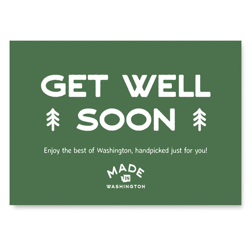 Green Gift Message Card with white lettering Get Well Soon | Create custom Get Well Soon gift boxes at Made In Washington gift stores.