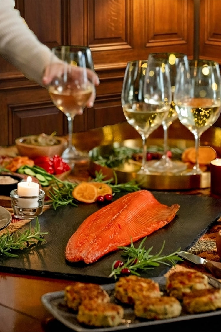 Dinner setup with PNW Smoked salmon, bread, and wine glasses on a table. | Buy Locally Made Gifts At Made In Washington Gift Stores