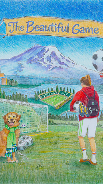 Illustration of a girl with a dog on a soccer field, featuring Mount Rainier in the background, with 'The Beautiful Game' banner.