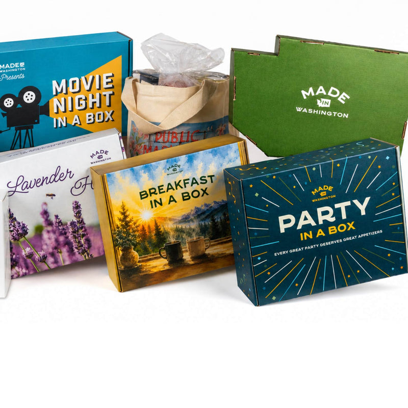 Shop Made In Washington Signature Gift Collections including Party, Breakfast, and Movie Night boxes.