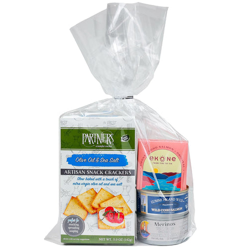 Packaging of Partners crackers and Ekone salmon on a white background | Pacific Coast Tinned Salmon Gift Set | Made In Washington | Seacuterie