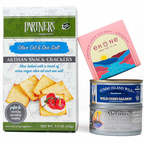 Packaging of Partners crackers and Ekone salmon on a white background | Pacific Coast Tinned Salmon Gift Set | Made In Washington | Seacuterie