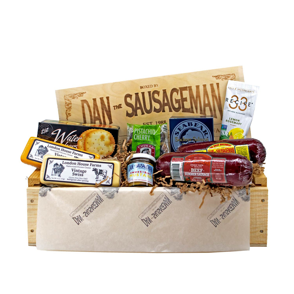 
            
                Load image into Gallery viewer, Made In Washington State Gift Baskets | Dan The Sausageman Wood Crate
            
        