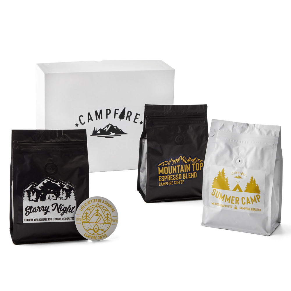 
            
                Load image into Gallery viewer, Campfire Coffee Gift Set | Made In Washington |  Coffee Beans Roasted on an open flame
            
        