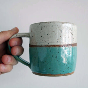 KJ Pottery White and Turquoise Mug |Made In Washington | Hand-thrown Clay Mugs