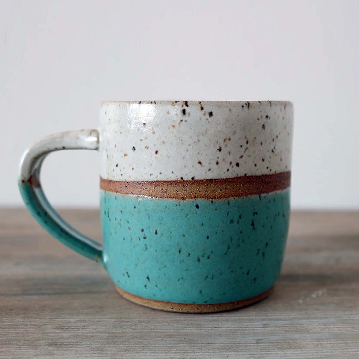
            
                Load image into Gallery viewer, KJ Pottery White and Turquoise Mug |Made In Washington | Local Coffee Mugs
            
        