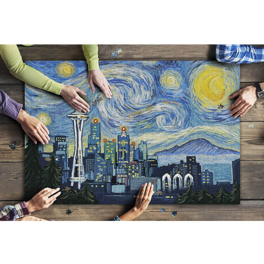 
            
                Load image into Gallery viewer, Lantern Press Puzzle Seattle Skyline Starry Night | Made In Washington Gifts | Puzzle Lover Gifts
            
        